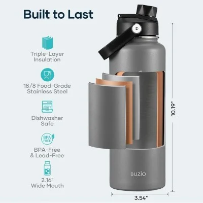 Buzio Duet Series Water Bottle with 2 Lids and Sleeve 1.2L - Grey